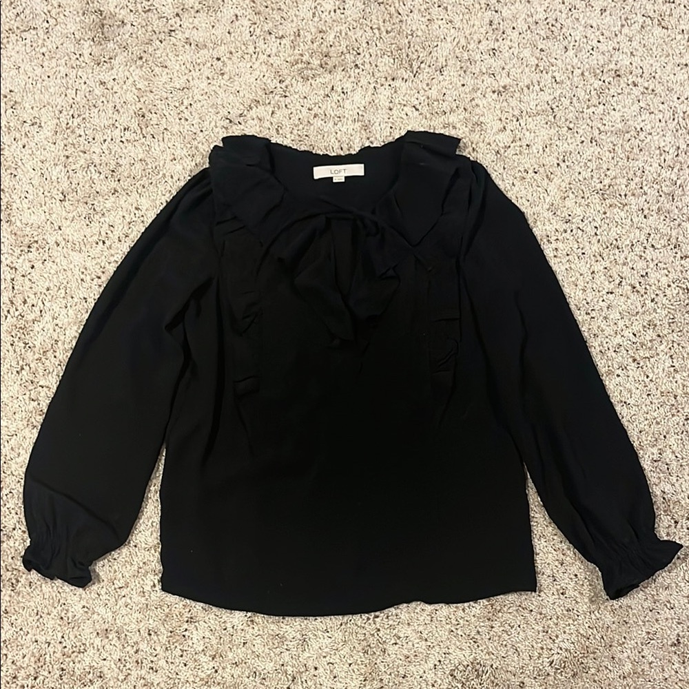 LOFT Black Ruffled Blouse with Bib Collar
